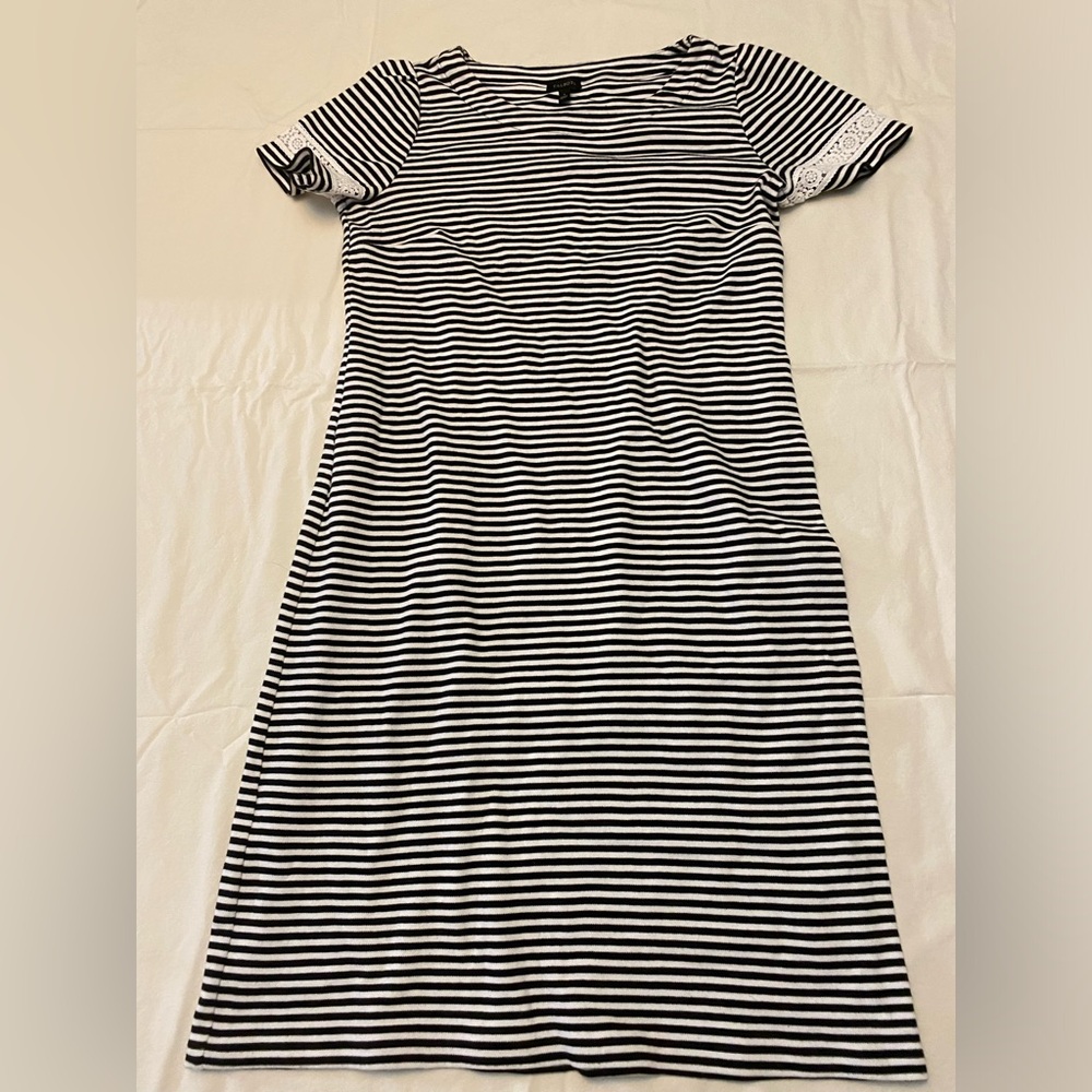 NWOT- Talbots black and white striped dress with lace detail on sleeves